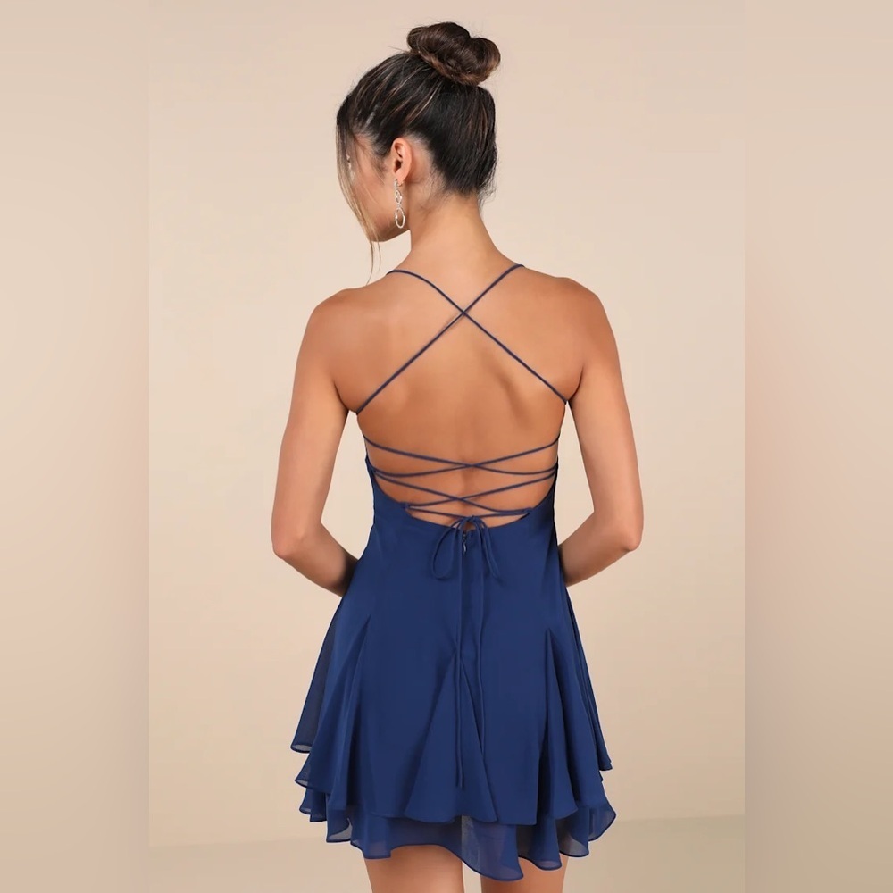 Lulus Perfected Sweetness Dark Blue Pleated Tiered Mini Dress large as is***